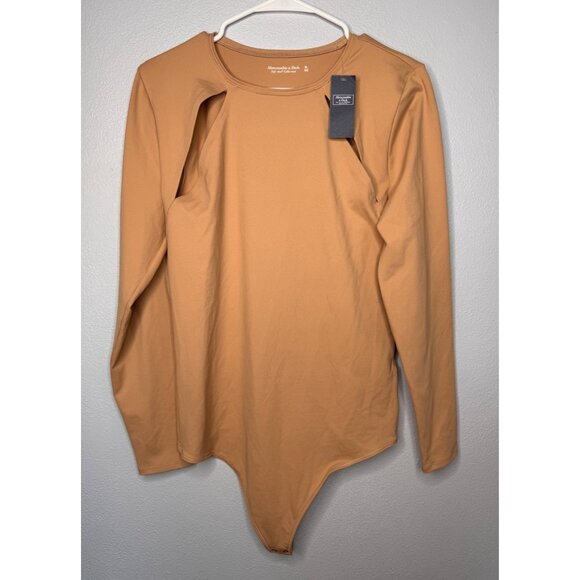 Abercrombie & Fitch Bodysuit Cut Outs Long Sleeve XL Camel Soft Stretch NEW - Picture 2 of 8